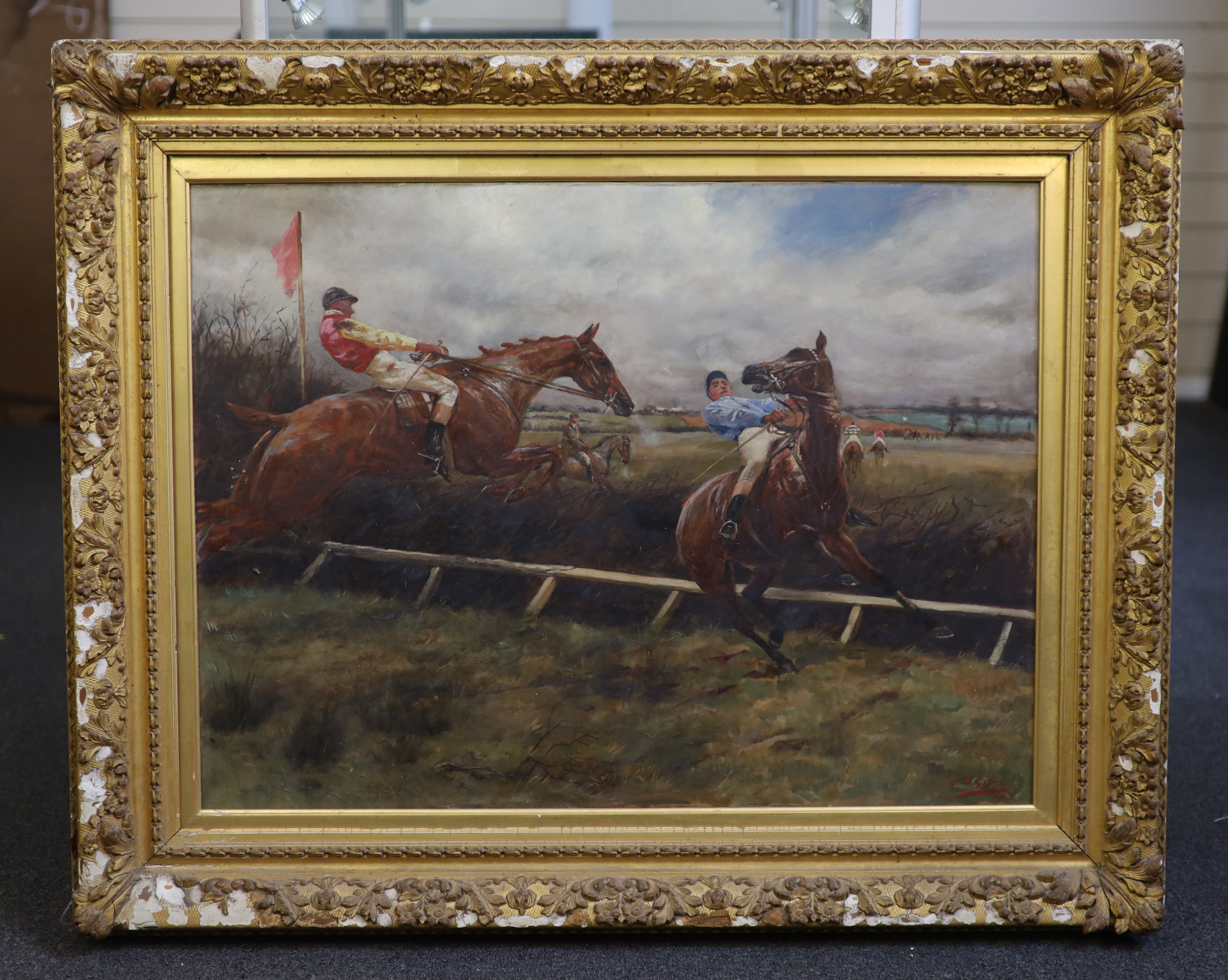 George Denholm Miles (1864–1949), Racehorses taking a jump, oil on canvas, 56 x 75cm